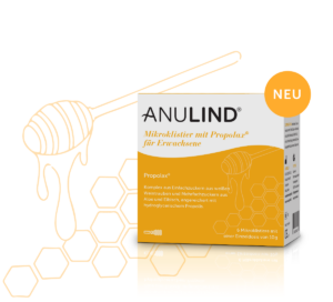 Anulind Mikroklistier Packung für Erwachsene mit Propolax und Honig-Design.