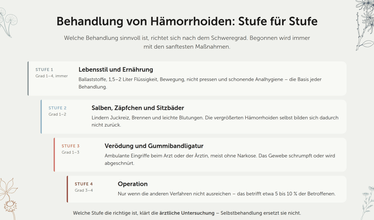 Infografik: Behandlung von Hämorrhoiden in vier Stufen – von Lebensstil bis Operation